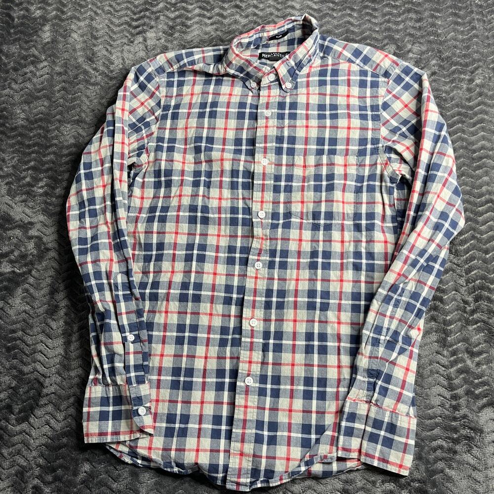 J Crew Shirt Mens Medium Button Up Long Sleeve Mercantile Flex Blue Plaid S
